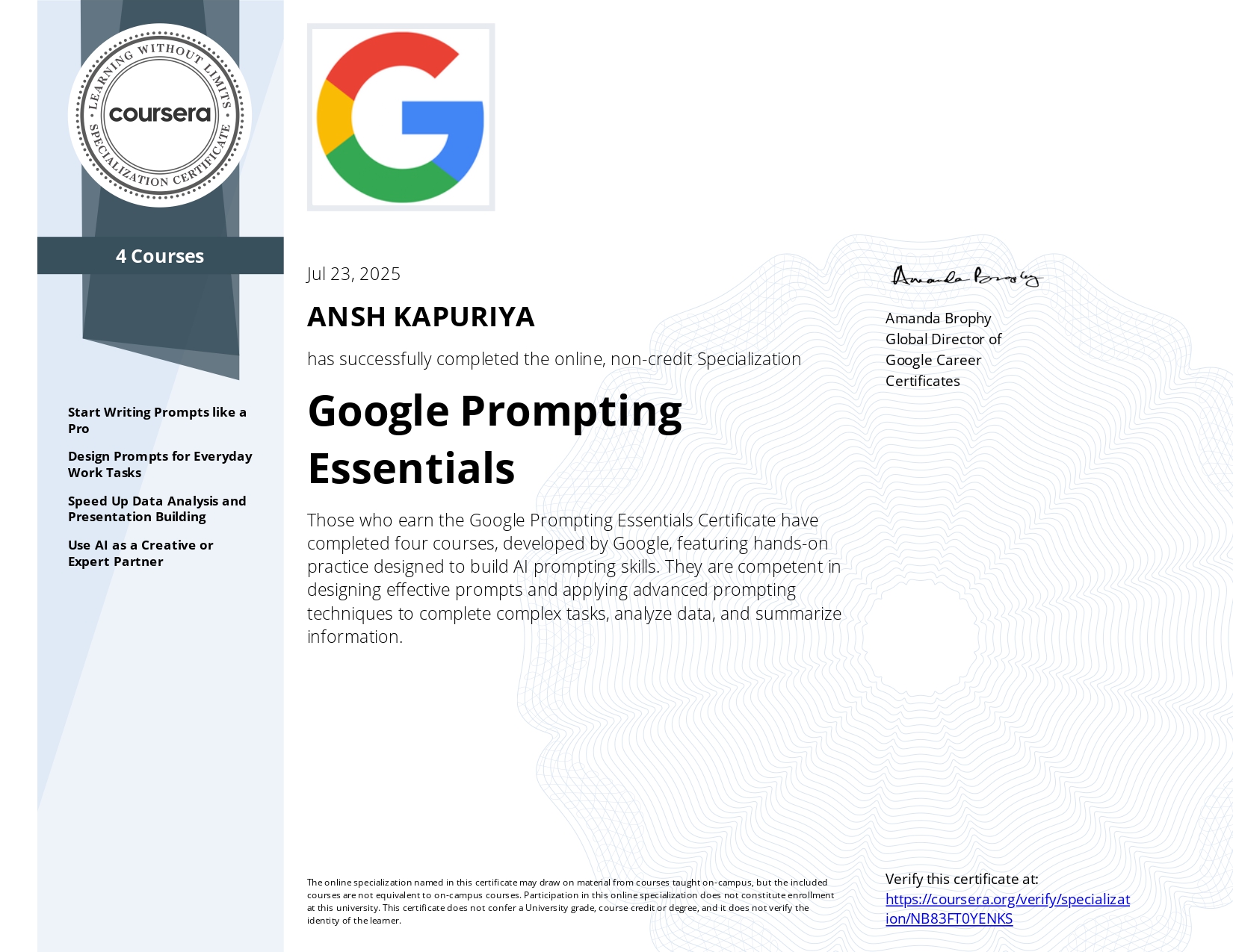 Google Prompting Essentials Certificate